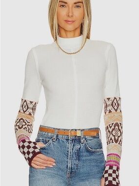 We The Free White Mock Neck Long Sleeve Top with Patterned Sleeves NWOT